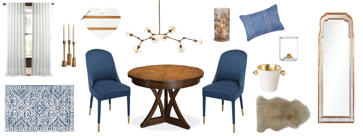 Interior design mood board for blue home decor and furniture