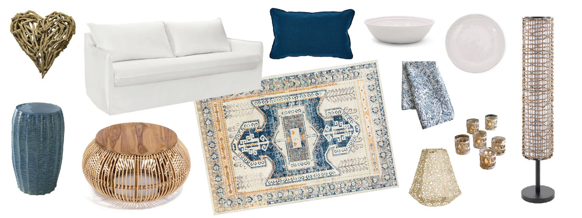 A mix of home decor items, including a white sofa, blue pillow, woven heart, rug, and various decorative pieces.