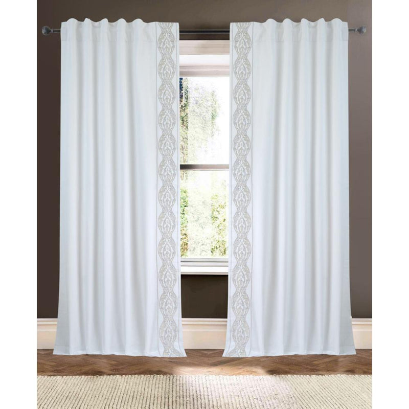White Drapery Curtain Panel Linen Cotton Rod Pocket Tan EmbroideryTrim