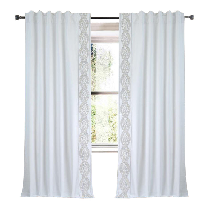 White Drapery Curtain Panel Linen Cotton Rod Pocket Tan Embroidery Trim
