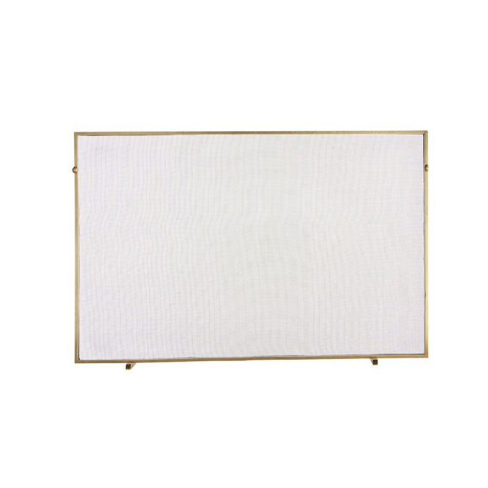 An antique brass fireplace screen by Arteriors with a straightforward, thin frame in a vintage style.