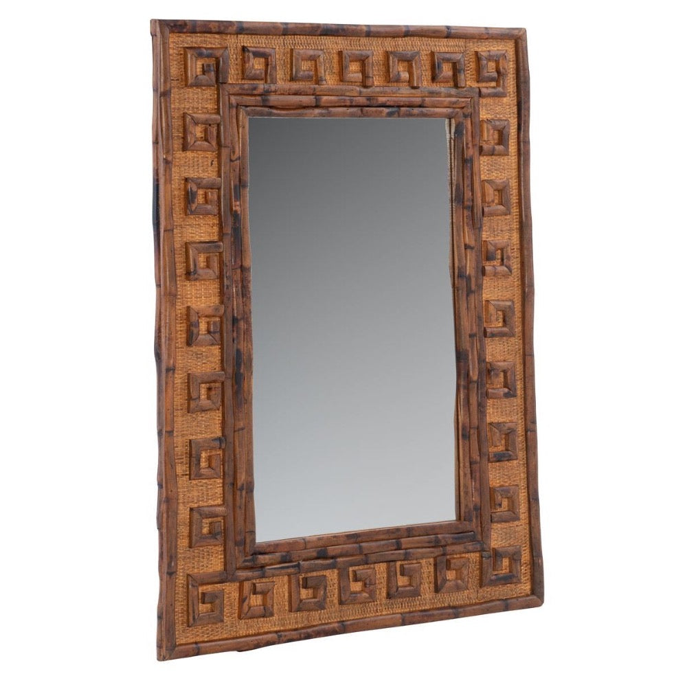 Kenian's Greek Key Rattan Mirror: Rectangular design with a wooden frame featuring Greek key pattern.