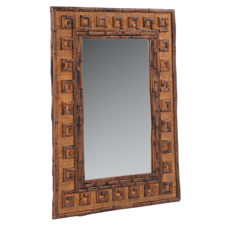 Kenian's Greek Key Rattan Mirror: Rectangular design with a wooden frame featuring Greek key pattern.