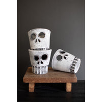 clay set of 3 halloween skull votive holders white