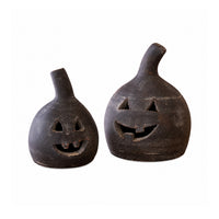 Kalalou Small Black Clay Jack-O-Lanterns (set of 2)—handcrafted Halloween decor with smiling faces and tilted stems.