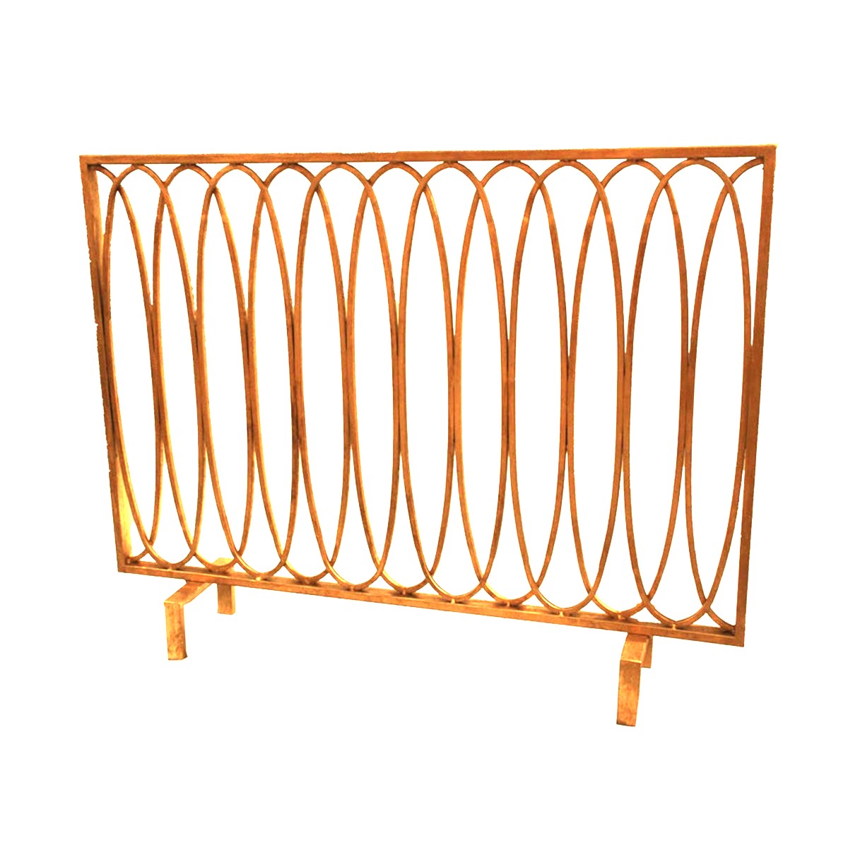 Dessau Home Antique Gold Oval Loop Fireplace Screen with a decorative design and small legs.