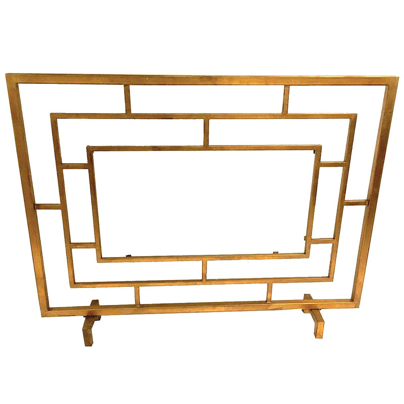 The Dessau Home Center Panel Glass Antique Gold Fireplace Screen is a chic geometric accessory for contemporary fireplaces.