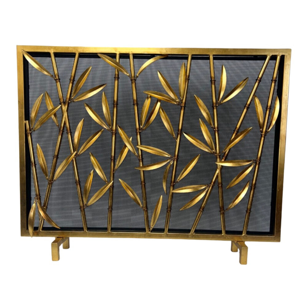 Dessau Home's Antique Gold Bamboo Fireplace Screen features bamboo branches on black mesh.
