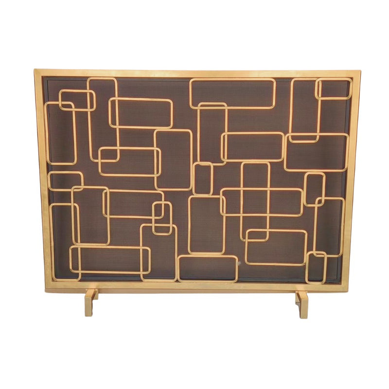 Dessau Home's Antique Gold Rectangles Fireplace Screen features a gold geometric pattern on dark mesh with an antique finish.