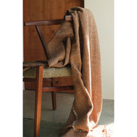 A textured brown woven throw blanket draped over a wooden chair in a softly lit indoor setting.