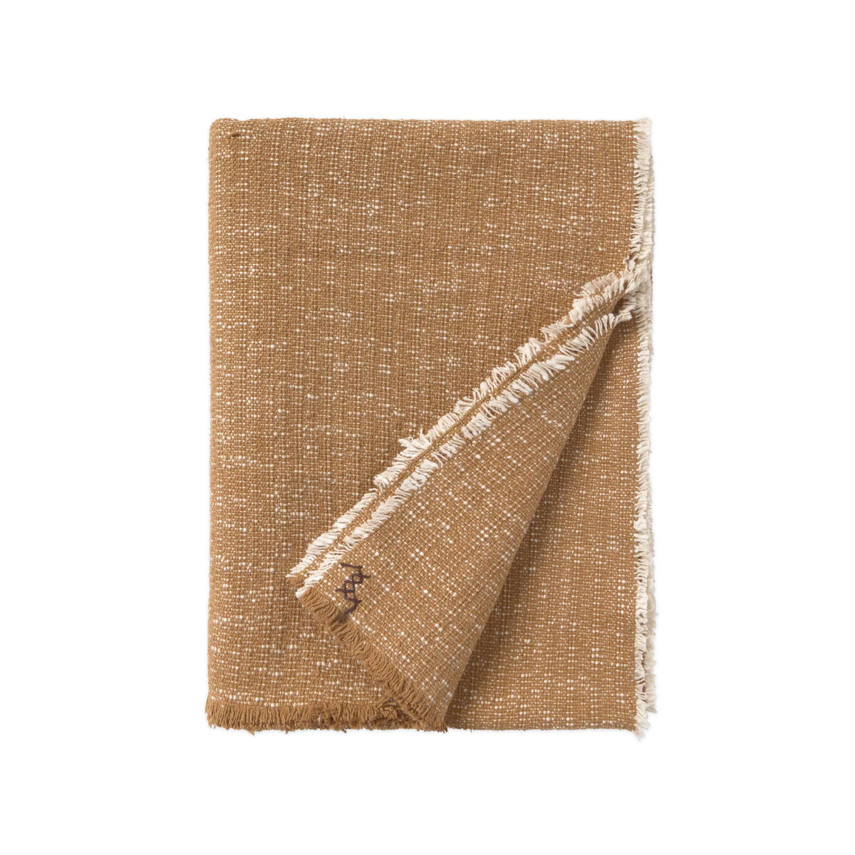 A folded woven throw blanket in a warm tan-brown color with white fringed edges, shown on a solid white background.