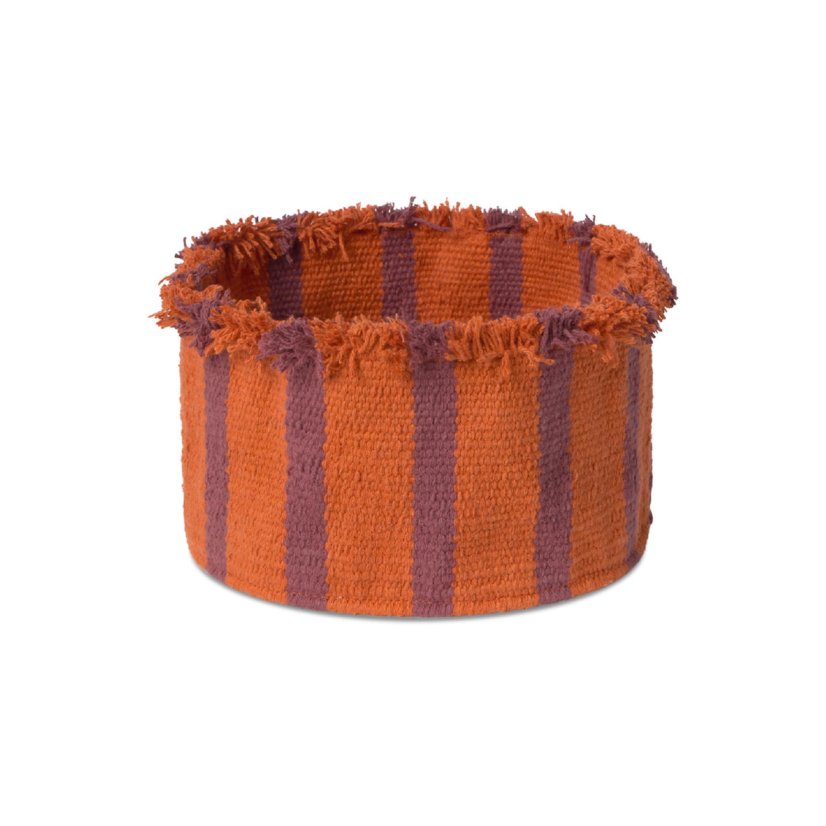 A round woven basket with a frayed, fringed rim, featuring alternating vertical stripes of orange and a muted plum purple, shown against a plain white background.