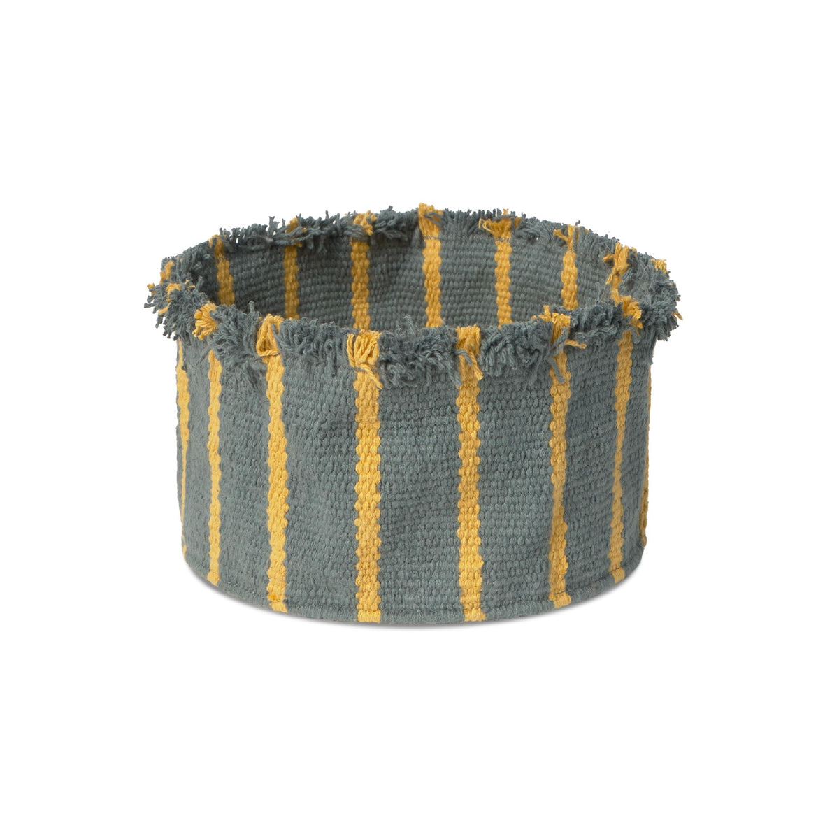 A round woven storage basket with a gray base and mustard yellow vertical stripes, featuring frayed fringe along the top rim, shown on a plain white background.