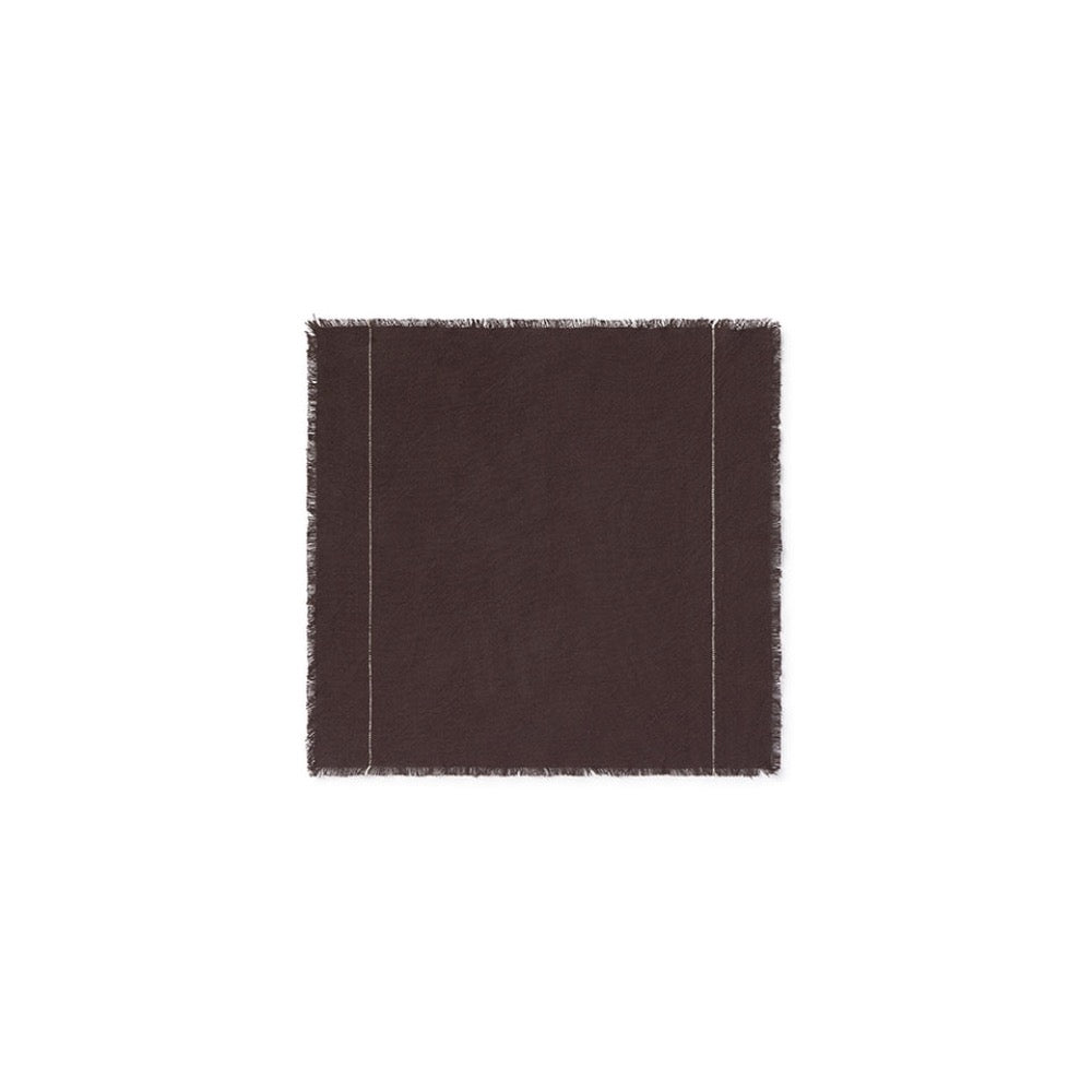 A square dark brown napkin with fringed edges, displayed flat against a solid white background.