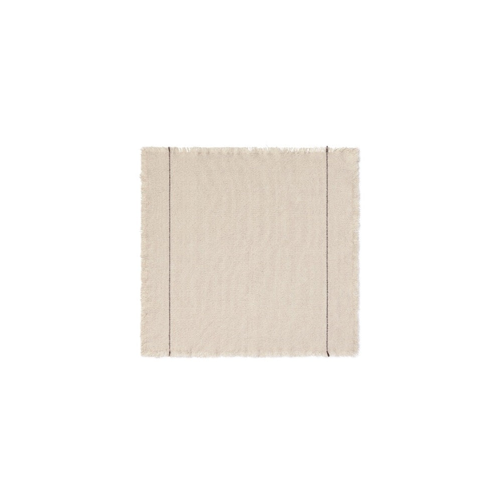 A square beige napkin with frayed edges and two thin vertical stitched lines, centered on a plain white background.