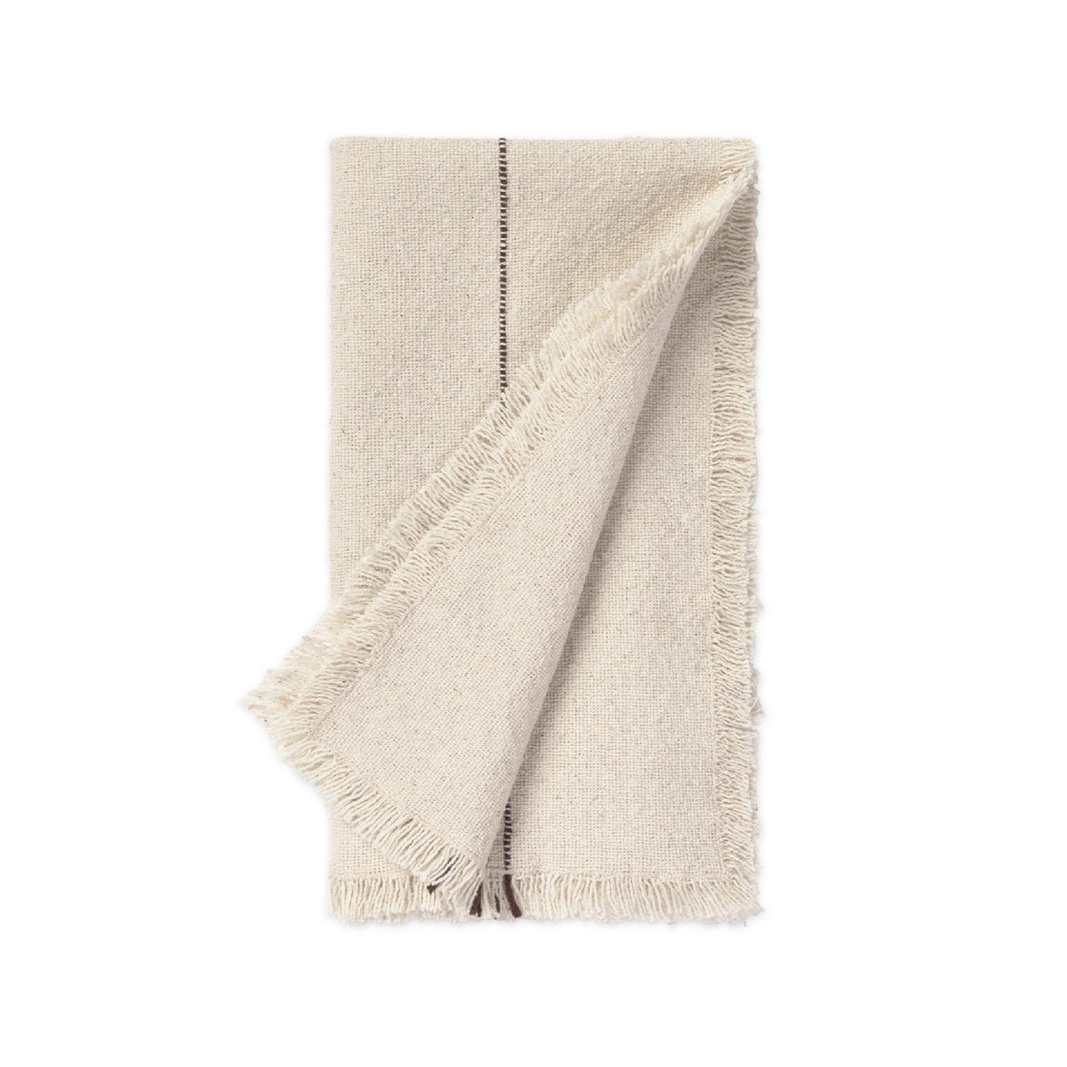 A folded cream-colored woven napkin with fringed edges and a single dark vertical stripe detail, shown on a solid white background.
