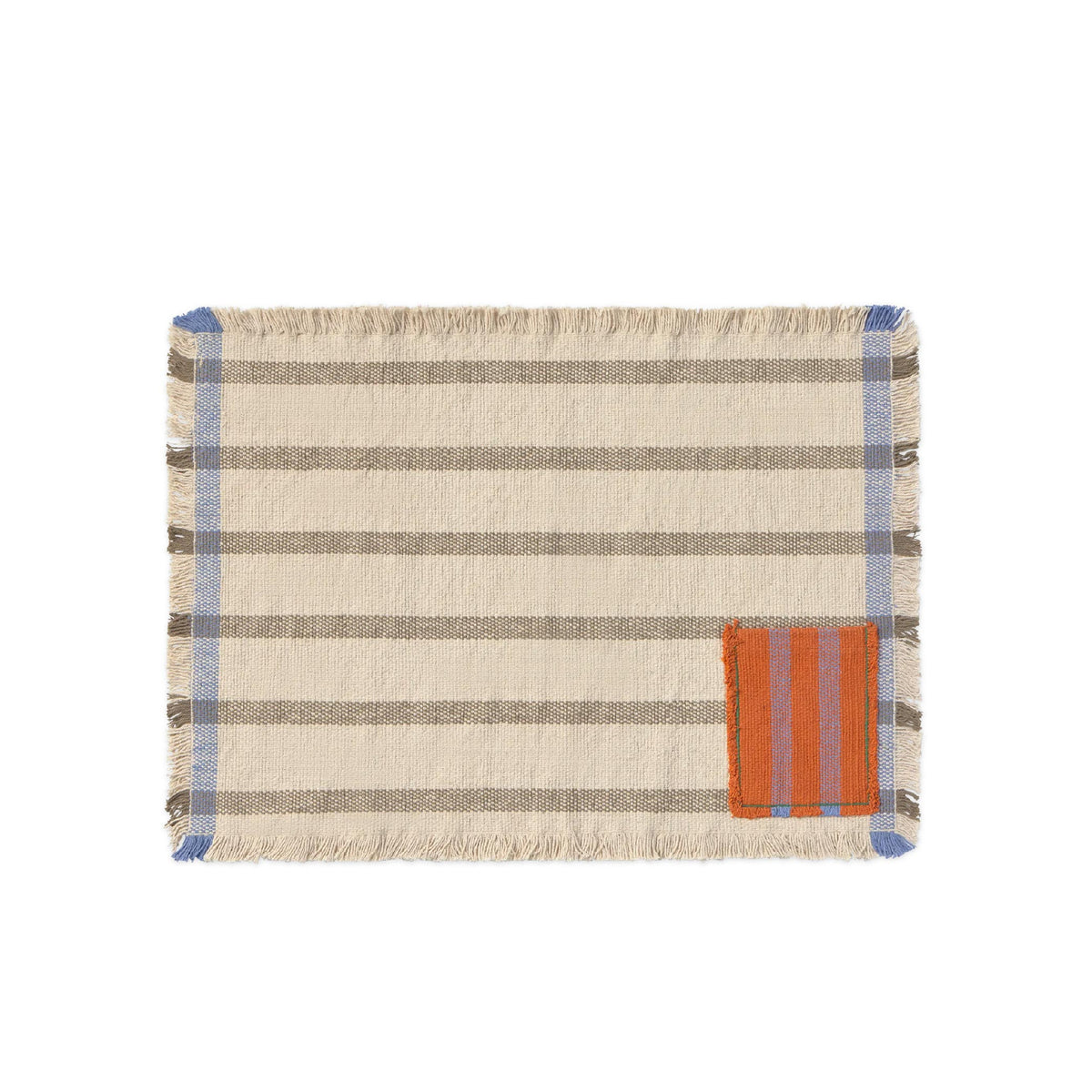 A rectangular woven placemat with horizontal beige and brown stripes, blue side borders, and a small orange accent block on the lower right, shown on a plain white background.