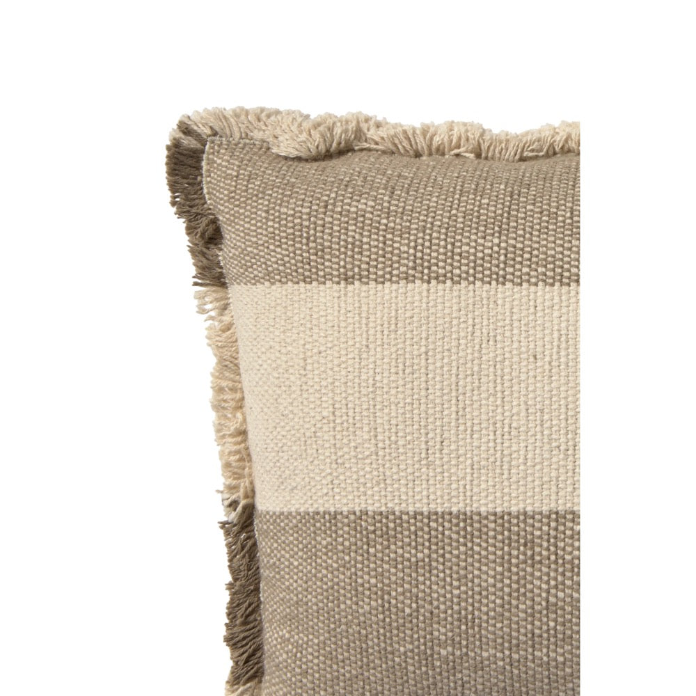 Close-up of a woven throw pillow with a striped pattern in taupe and cream, featuring a fringed edge, on a solid white background.