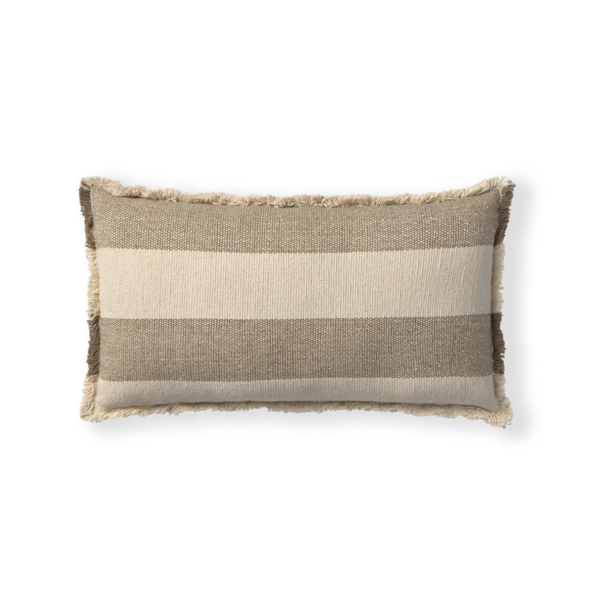 A rectangular throw pillow with horizontal stripes in beige, taupe, and brown, featuring a frayed fringe edge, shown on a plain white background.
