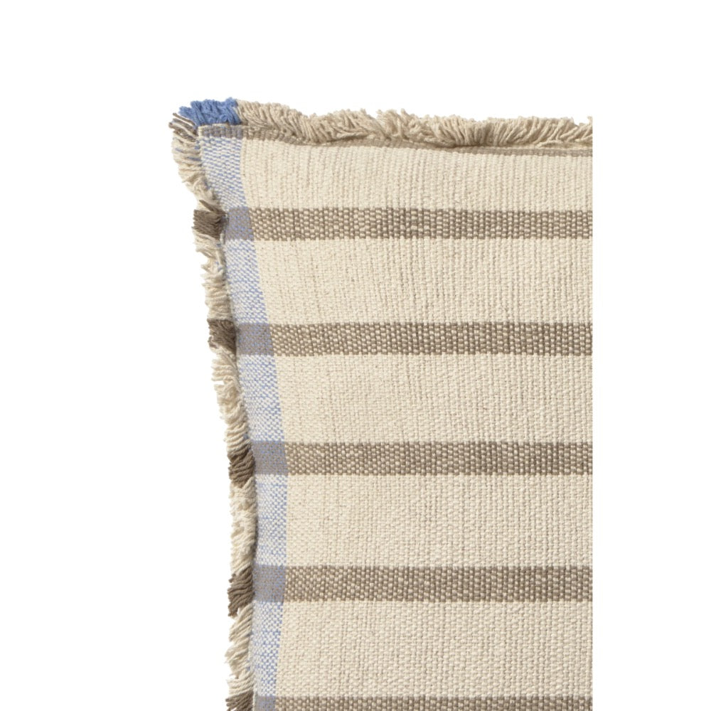 A square throw pillow with a textured beige and taupe striped pattern, featuring fringed edges and a thin blue stripe detail along the border, shown against a plain white background.