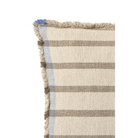 A square throw pillow with a textured beige and taupe striped pattern, featuring fringed edges and a thin blue stripe detail along the border, shown against a plain white background.