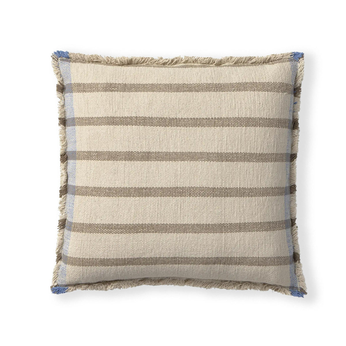 A square throw pillow with a textured beige and taupe striped pattern, featuring fringed edges and a thin blue stripe detail along the border, shown against a plain white background.