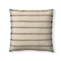 A square throw pillow with a textured beige and taupe striped pattern, featuring fringed edges and a thin blue stripe detail along the border, shown against a plain white background.
