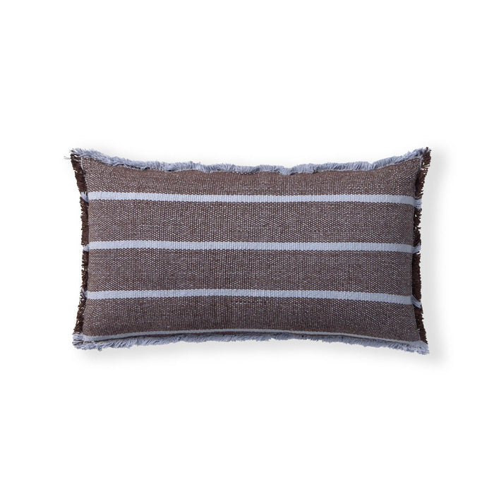 A rectangular woven throw pillow with a brown and gray striped pattern and fringed edges, shown on a plain white background.