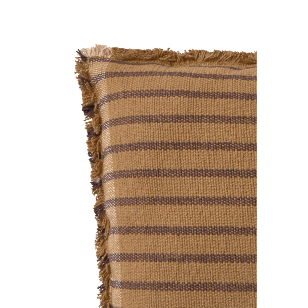 A close-up of a woven textile with a tan base and horizontal dark brown stripes, finished with fringed edges, shown against a plain white background.