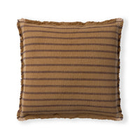 A square throw pillow with a textured tan woven fabric, featuring horizontal dark brown stripes and fringed edges, shown on a white background.