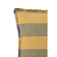 A close-up of a woven throw pillow or blanket with horizontal stripes in mustard yellow and gray, featuring fringed edges on a white background.