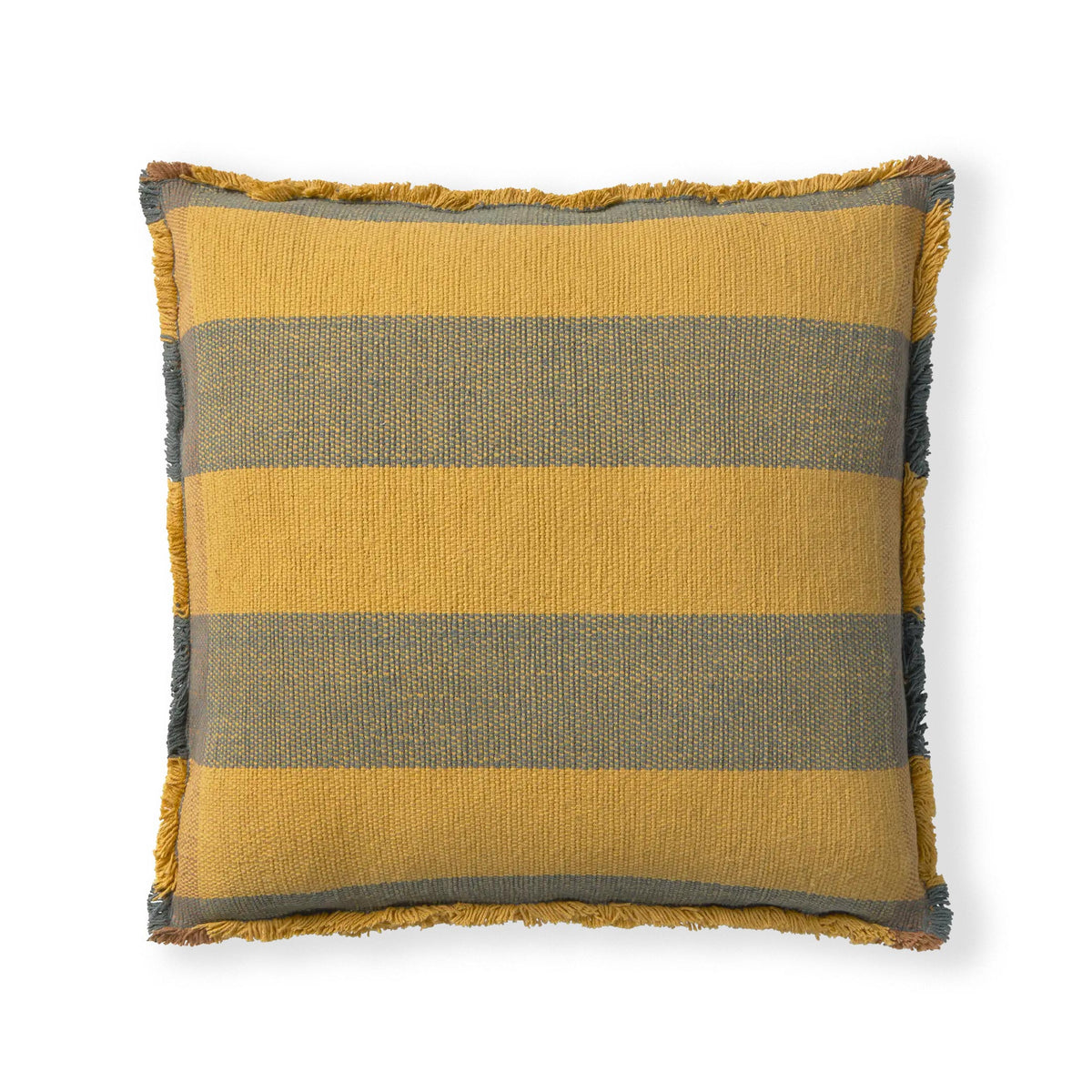 A square throw pillow with horizontal stripes in mustard yellow and gray, finished with a fringed edge, shown against a plain white background.