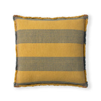 A square throw pillow with horizontal stripes in mustard yellow and gray, finished with a fringed edge, shown against a plain white background.