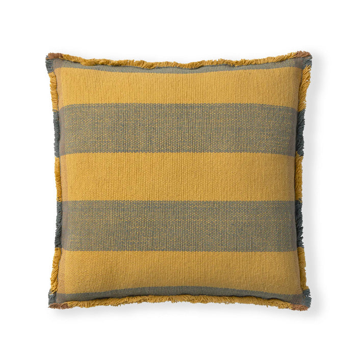 A square throw pillow with horizontal stripes in mustard yellow and gray, finished with a fringed edge, shown against a plain white background.