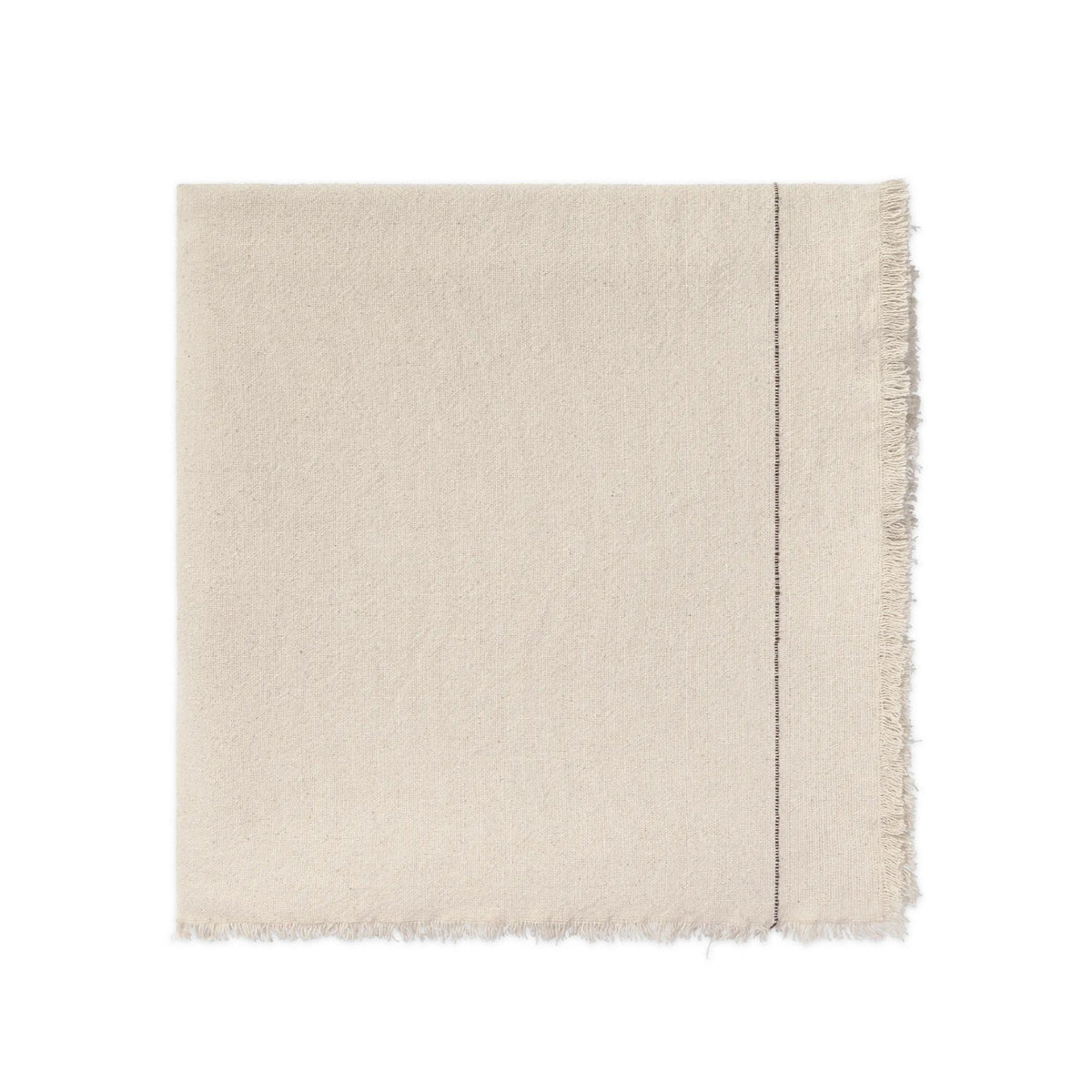 A square cream-colored woven tablecloth featuring a single vertical stitched seam and fringed edges, shown flat against a solid white background.