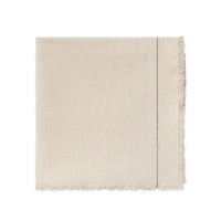 A square cream-colored woven tablecloth featuring a single vertical stitched seam and fringed edges, shown flat against a solid white background.