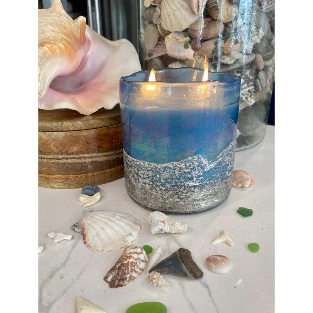 round candle 2 wick textured blue finish handblown glass