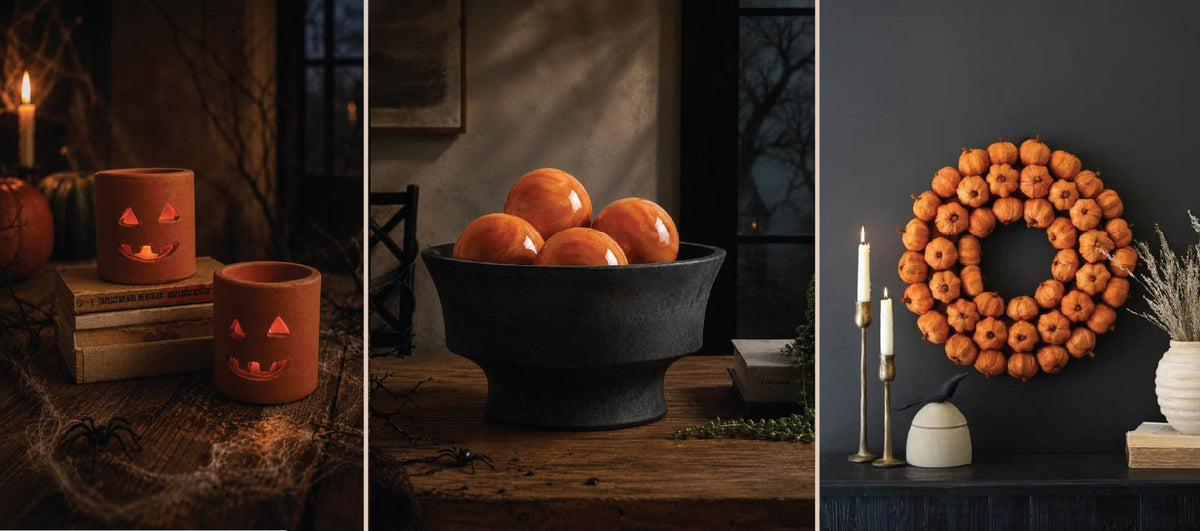 Three Halloween-themed scenes: jack-o’-lantern candles, a bowl of pumpkins, and a pumpkin wreath on a black wall.