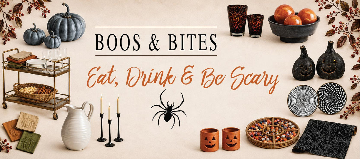 Halloween-themed tableware, candles, pumpkins, and snacks with the text “Boos & Bites: Eat, Drink & Be Scary.”.