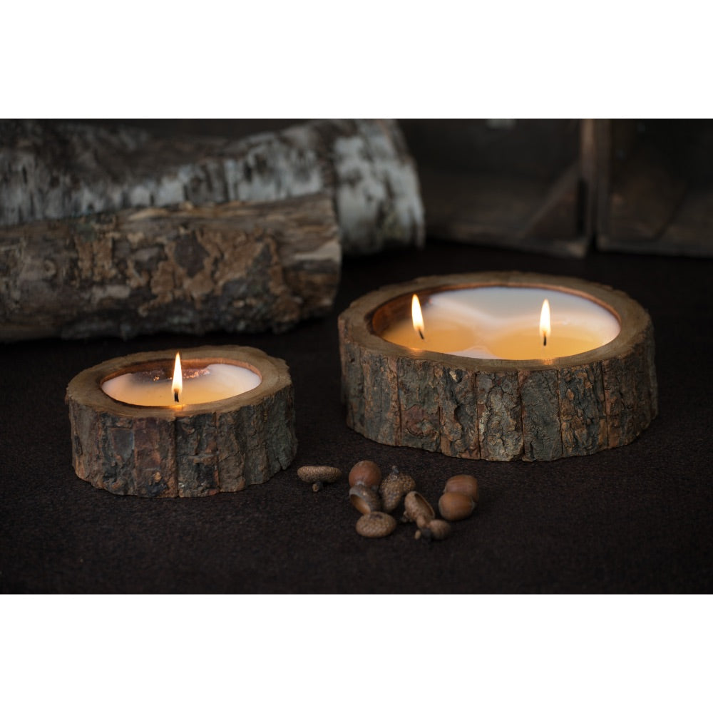 round candle 2 wick tree bark edges