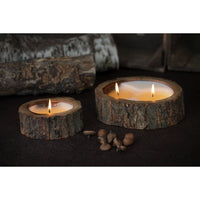 round candle 2 wick tree bark edges
