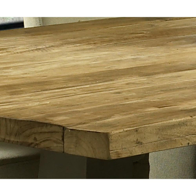 table long rectangle wood teak natural metal gray pedestal curved stretcher transitional