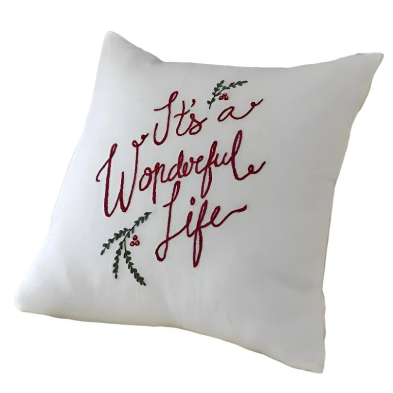 square cream linen pillow embroidered It's a Wonderful Life