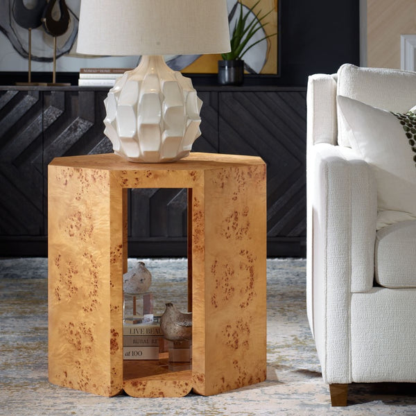 octagon side table gold brown burl wood open sides