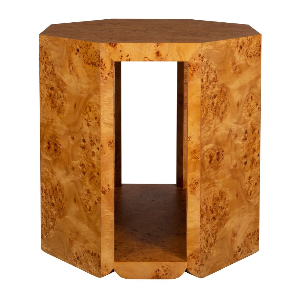 octagon side table gold brown burl wood open sides