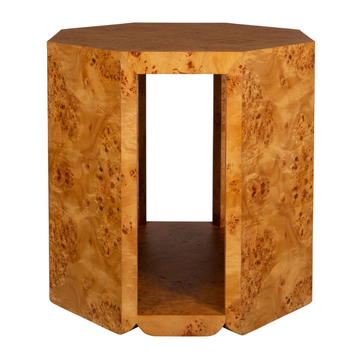 octagon side table gold brown burl wood open sides