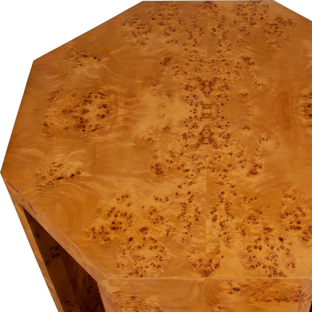 octagon side table gold brown burl wood open sides