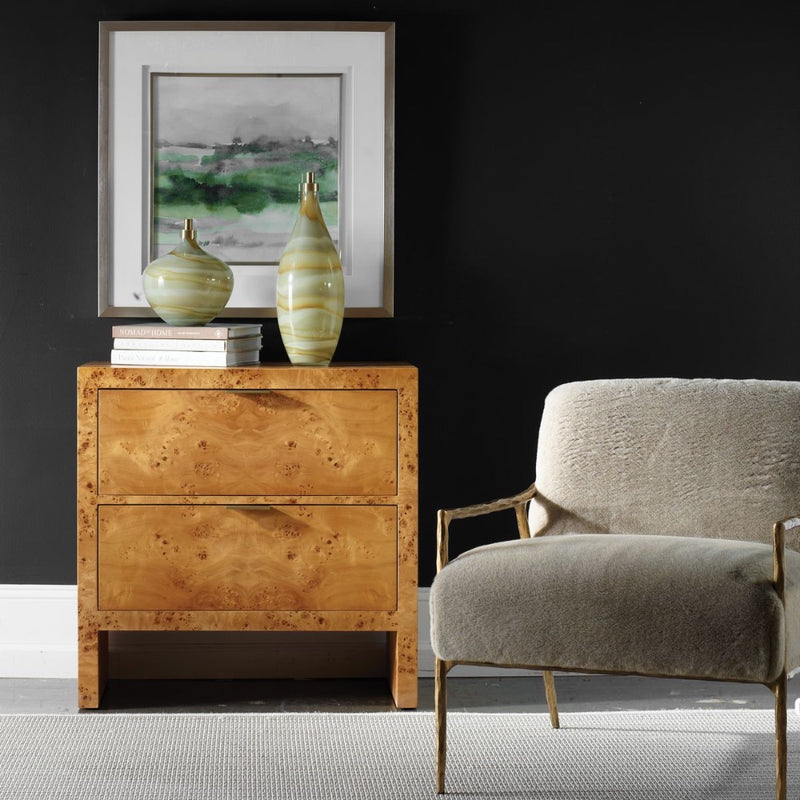brown burl wood 2-drawer chest