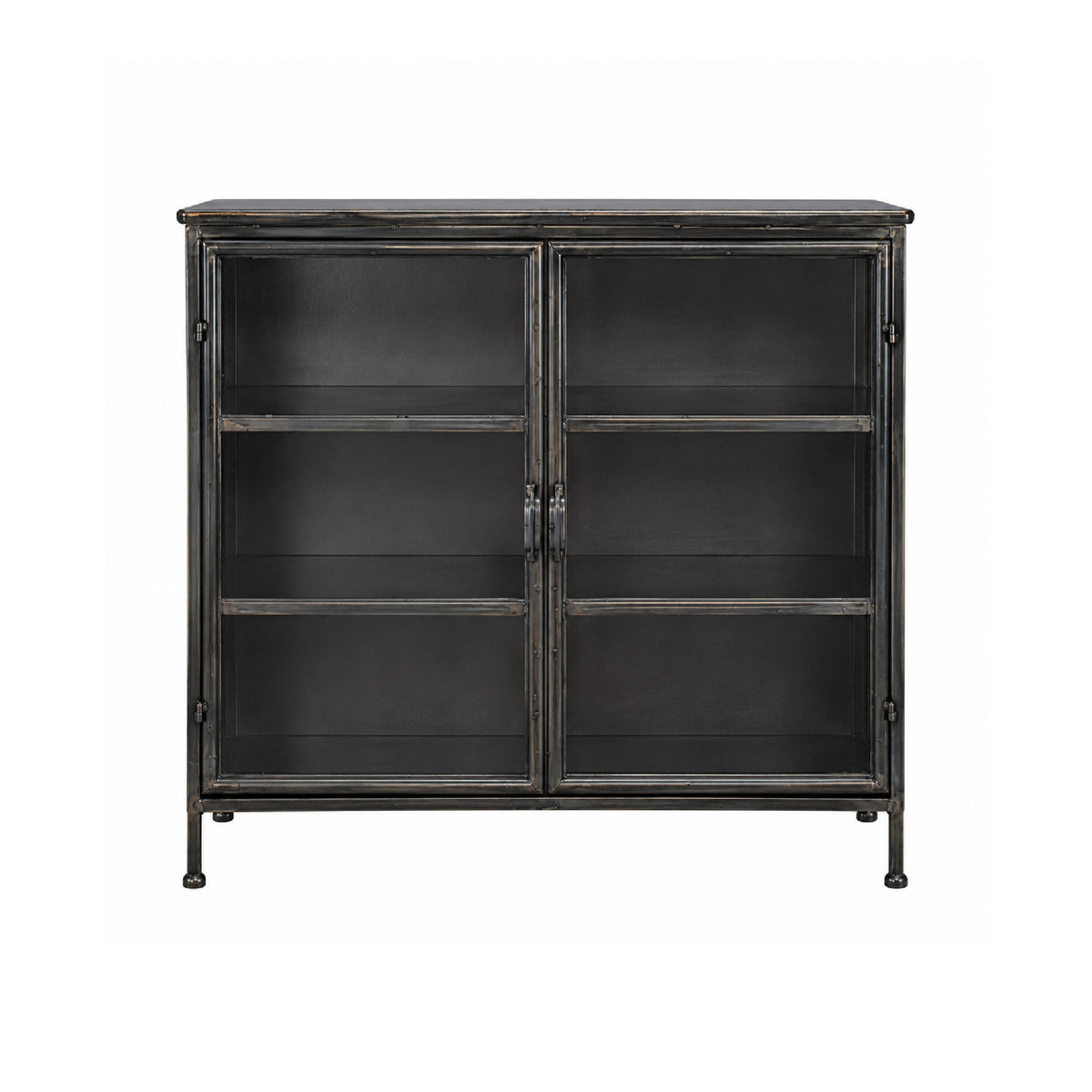 The Kalalou Industrial Iron + Glass Apothecary Cabinet features double glass doors, three shelves, and four sturdy legs.