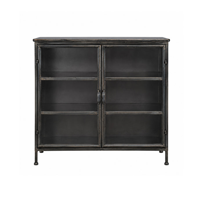 The Kalalou Industrial Iron + Glass Apothecary Cabinet features double glass doors, three shelves, and four sturdy legs.